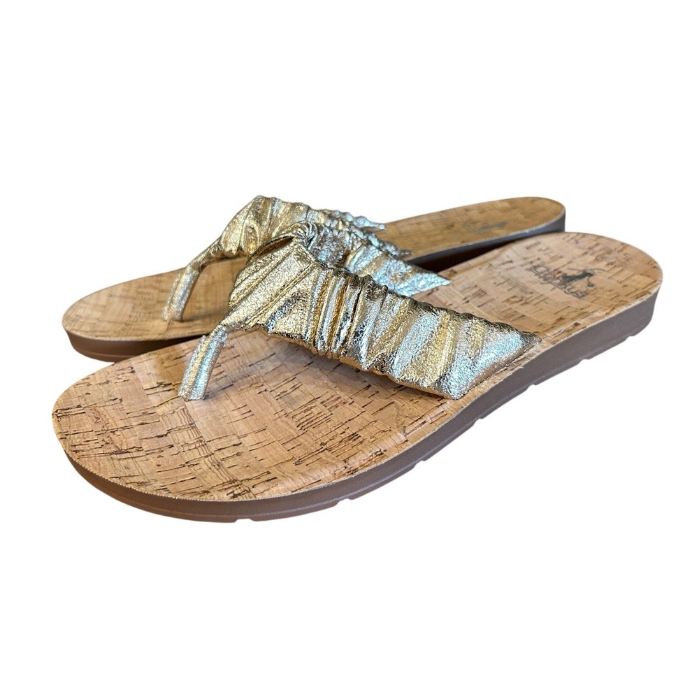 Corkys Cool Off Sandals Size 9 Gold Metallic Ruched‎ Flip Flops Resort Vacation